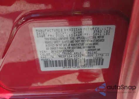 2014 Nissan Sentra Sv z USA, uszkodzony, nr VIN 3N1AB7AP3EY284520
